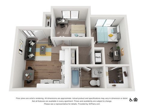 Floor plan for 2 beds, 1 bath, 714 sqft